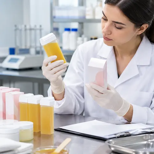 Quality technician checking a roll-on wax cartridge and packaging for leakage