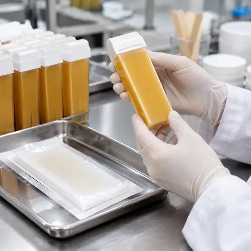 Roll-on wax cartridge inspected for leakage beside sealed wax strip packaging.