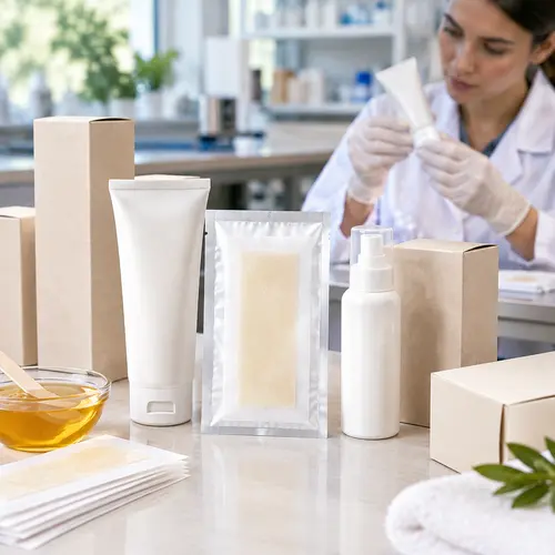 Hair-removal samples and aftercare packaging prepared for final quality review.