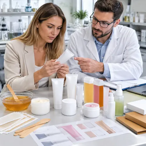Buyer and development specialist reviewing depilatory cream samples and tube packaging