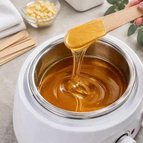 Warm hard wax being spread with a spatula in a professional wax warmer