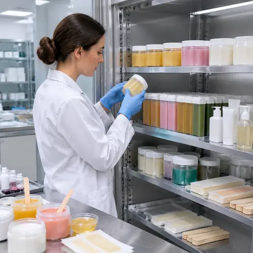 Wax jars and depilatory cream samples on a stability chamber shelf during storage review