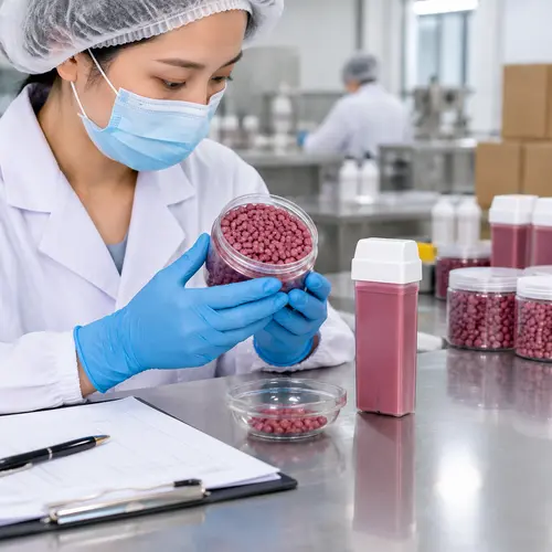 Hard wax beans and roll-on wax cartridge inspected against a retained counter-sample during hair removal production