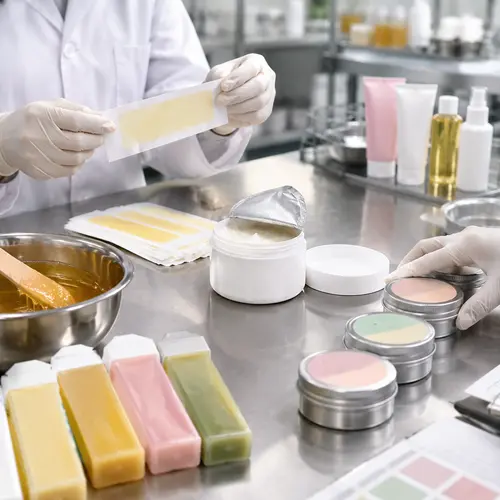 QC inspection of wax strips, depilatory cream jar liner, and tins checked for label adhesion in hair removal manufacturing