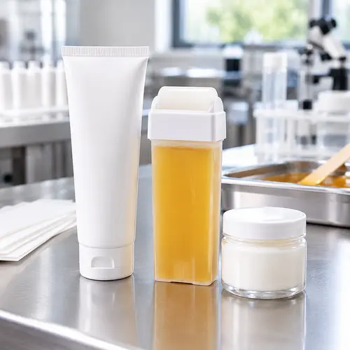 Depilatory cream tube and roll-on wax cartridge set out for packaging compatibility review