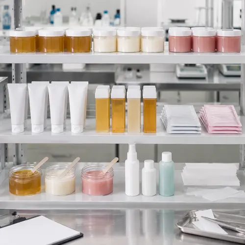 Stability shelf with wax jars, depilatory cream tubes, and wax strip sachets at scheduled inspection intervals