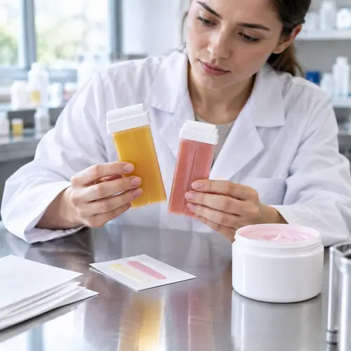 Technician comparing roll-on wax cartridge samples and a depilatory cream sample during OEM sample confirmation