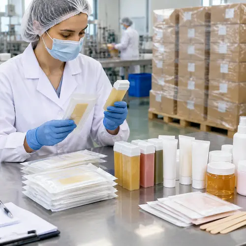 QC inspection of wax strips and cartridge tubes on a packing table before palletizing hair removal products