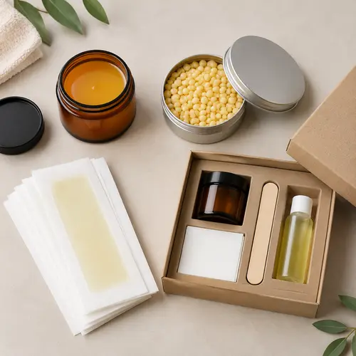 Open wax jar, tin of hard wax beads, wax strip pouches, and kit box arranged on a studio surface