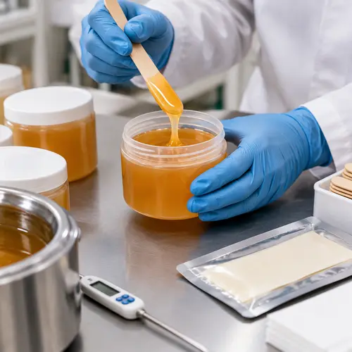 Gloved hands filling a warm wax jar during private label sample production with a thermometer nearby
