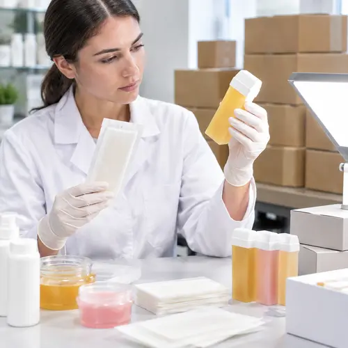 QC technician inspecting a sealed wax strip pouch and roll-on wax cartridge before shipment