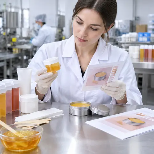 QC technician comparing a retained depilatory wax sample with its label proof and tin packaging