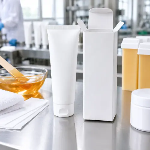 Depilatory cream tube and printed carton back panel laid out on a stainless steel bench for label review