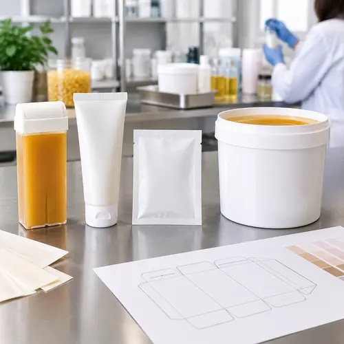 Roll-on wax cartridge, depilatory cream tube, sachet, and salon tub arranged with a printed dieline for panel comparison