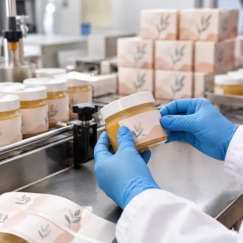 Gloved hands applying a label to a filled wax jar during a small-batch cosmetic filling run