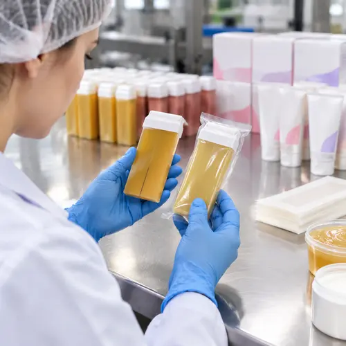 Inspector comparing a filled roll-on wax cartridge against an approved sealed sample in a hair removal products factory