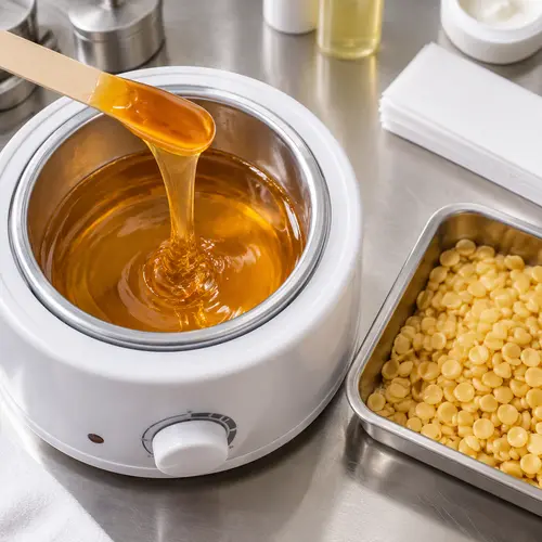 Melted hot wax texture being lifted with a spatula next to unmelted wax beads in a cosmetic lab