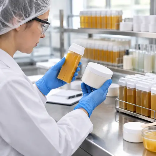 Quality control technician inspecting filled roll-on wax cartridges and jars at a stability sample station