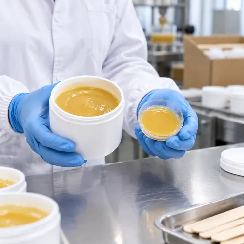 Technician comparing a filled wax tub against its retained reference sample before production approval