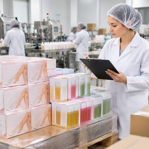 QC inspector reviewing packed wax strip cartons and roll-on cartridge boxes before shipment