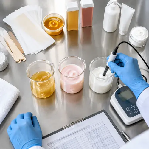 Depilatory cream samples on a lab bench beside a pH meter during formula review
