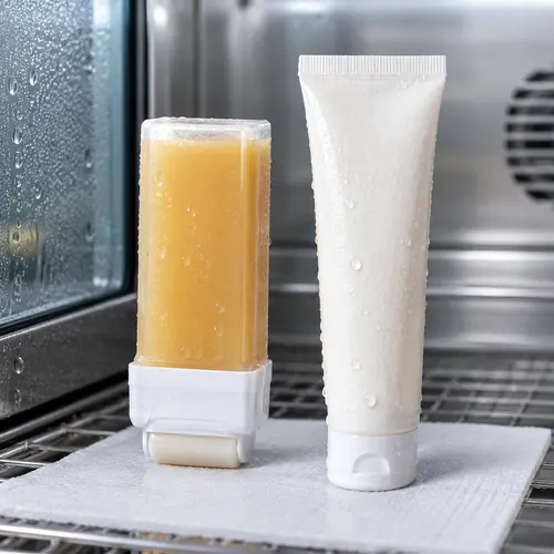 Roll-on wax cartridge and depilatory cream tube in inverted storage leakage check