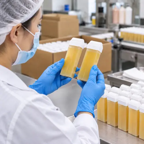 Technician comparing a filled roll-on wax cartridge with a retained reference sample during packaging compatibility review
