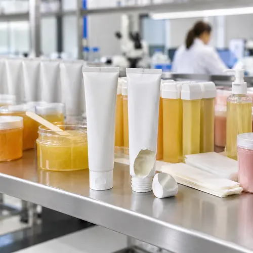 Depilatory cream tubes and wax jars stored on stability shelves with one cut-open tube inspected for separation